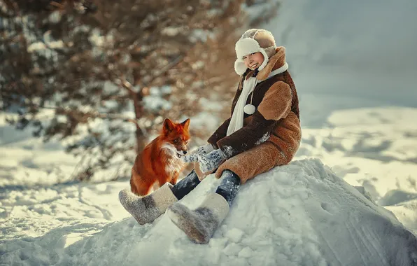 Picture winter, snow, nature, animal, Fox, girl, the snow, Fox