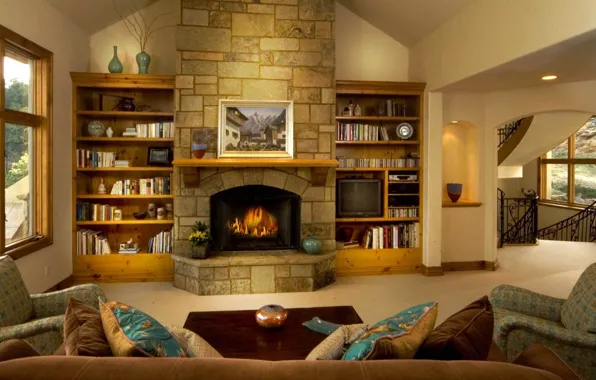 Picture inspiration, amazing, stones, living room, fireplace