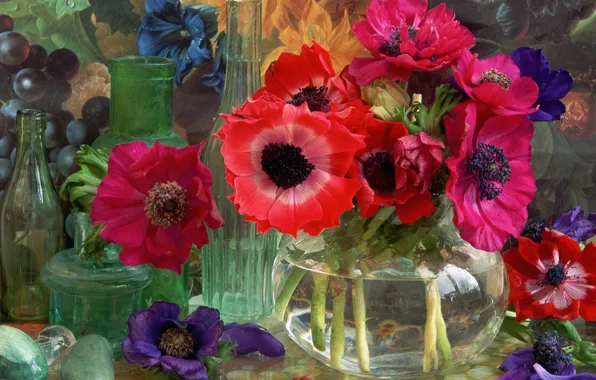 Glass, flowers, vase, still life