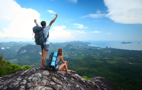 The sky, girl, clouds, lake, top, guy, tourism, backpacks