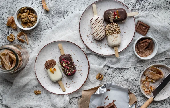 Chocolate, ice cream, nuts, still life, dessert, candied, gauze, Anna Chernyakova