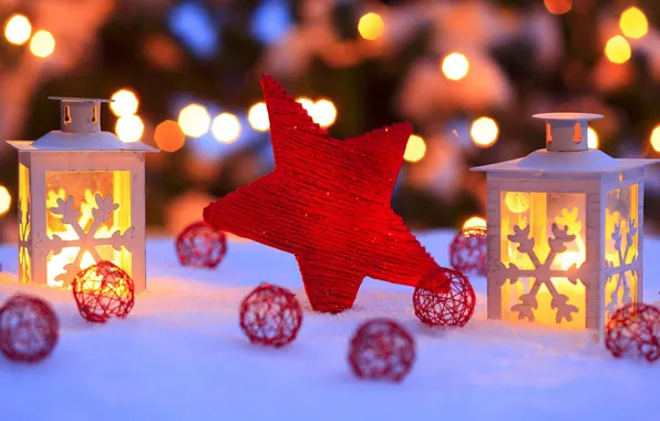 Winter, snow, lights, star, New Year, Christmas, lantern, Christmas