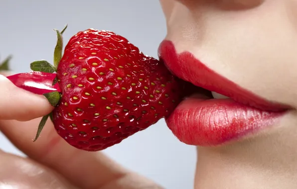 Food, strawberry, lips, red, nails