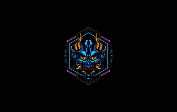 Minimalism, the demon, mask, mouth, fangs, horns, evil, black background