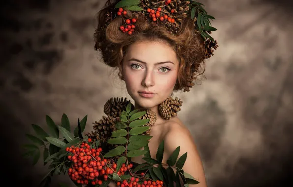 Look, girl, branches, face, style, berries, background, wreath