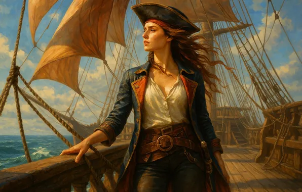 Picture the sky, look, girl, clouds, pose, the wind, ship, sailboat