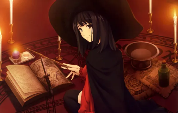 Magic, Girl, hat, candles, signs, book, dagger, witch
