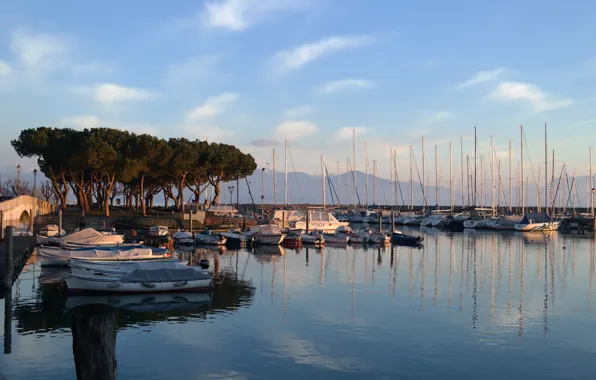 Trees, mountains, bridge, boat, morning, yacht, Italy, harbour