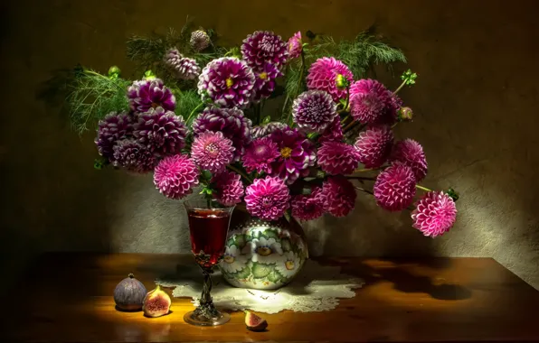 Wine, glass, bouquet, dahlias, figs