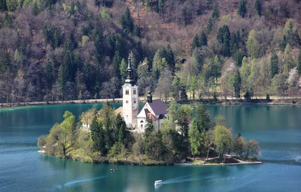 Mountains, lake, island, tower, home, Church, Slovenia, Slovenia