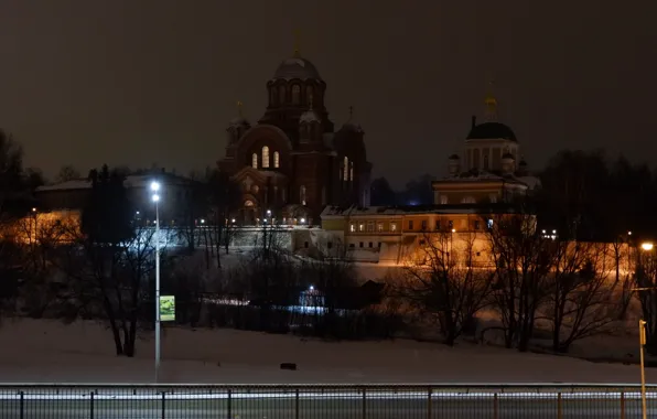 Winter, snow, night, river, lights, the monastery, women's