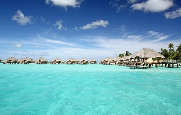 Picture the ocean, the hotel, Bungalow, Bora-Bora, tranquil, blue lagoon, pearl beach resort, water villas