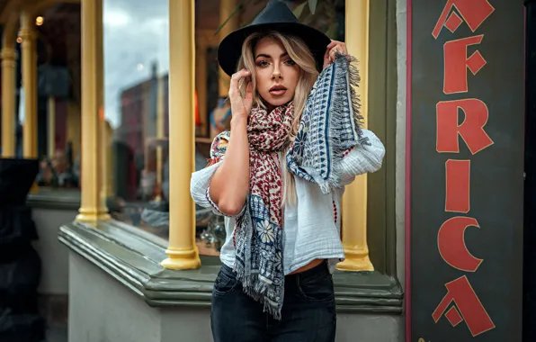 Look, pose, model, portrait, jeans, hat, makeup, scarf