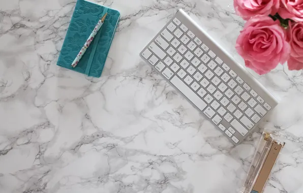 Roses, handle, Notepad, pink, flowers, roses, keyboard, marble