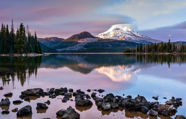 Forest, lake, mountain, the evening, Oregon, USA, state, Rainier