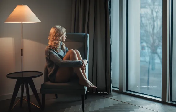 Look, pose, Girl, chair, window, blonde, legs, sitting
