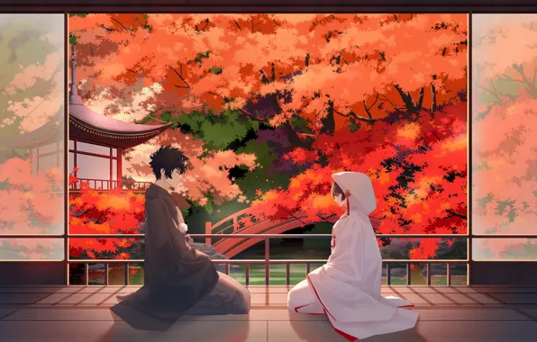 Autumn, kimono, psycho-pass, tsunemori akane, kougami shinya, anime couple