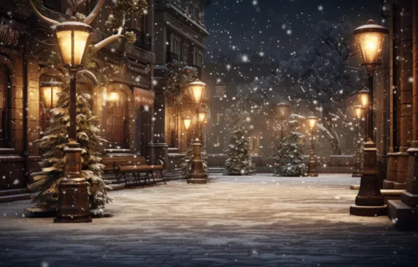 Winter, snow, the city, house, building, home, Christmas, New year