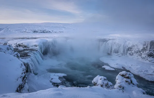 Winter, snow, mountains, fog, couples, waterfalls, pond, Bank