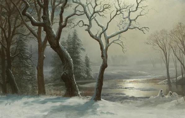 Snow, trees, landscape, river, picture, Albert Bierstadt, Winter in Yosemite