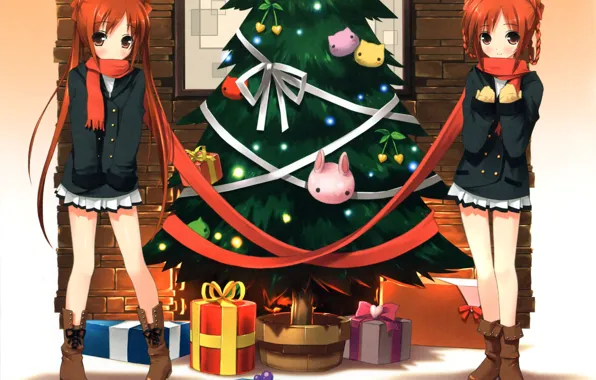 Girls, New Year, Rabbits, Anime, Tree, Scarf, Gifts, Red