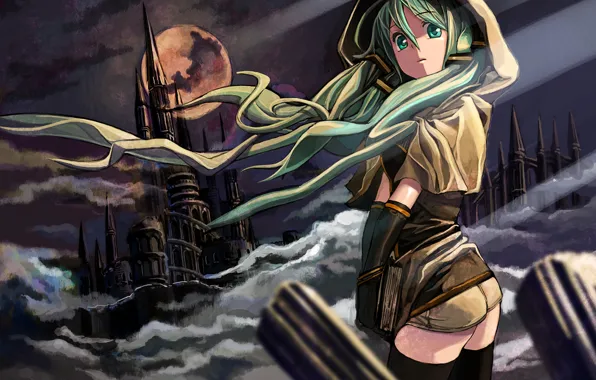 Girl, night, castle, the wind, the moon, anime, book, Hatsune Miku