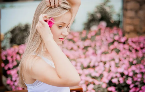 Summer, girl, flowers, face, hair
