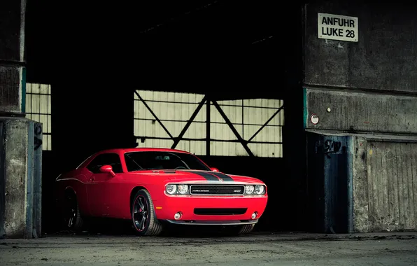 Garage, red, concrete, Dodge Challenger SRT8
