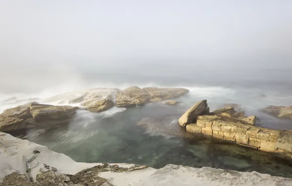 Picture sea, landscape, fog, stones