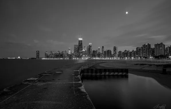 Night, lights, building, skyscrapers, Chicago, black and white, Chicago