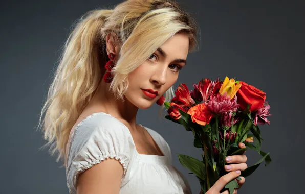 Picture look, girl, flowers, face, model, portrait, makeup, blonde