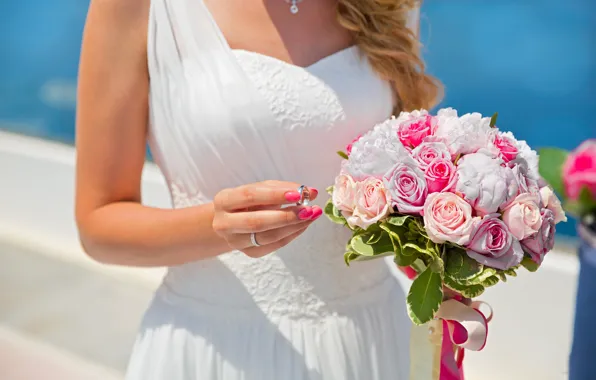 Picture girl, the sun, flowers, roses, bouquet, dress, ring, the bride