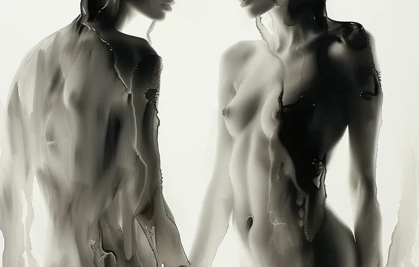 Girls, Chest, White background, Two, Blur, Digital art, Black and white, Naked