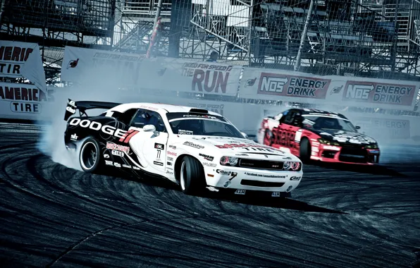 Competition, smoke, show, Dodge, Challenger, drift, S15, Nissan