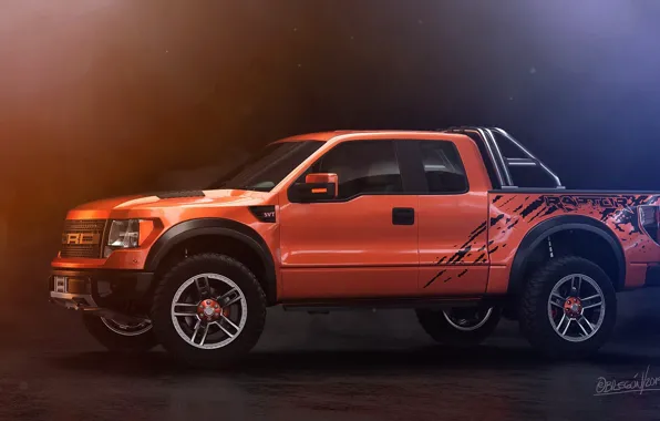 Ford, Auto, Machine, SUV, Rendering, F-150, Side view, Orange Tulip