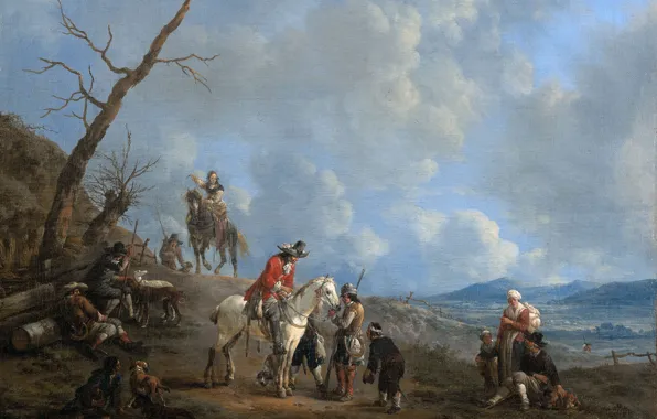 Oil, picture, canvas, Johannes Lingelbach, Landscape with Riders, Hunters and Farmers
