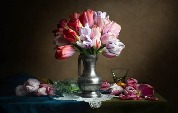 Picture flowers, glass, tulips, pitcher, napkin