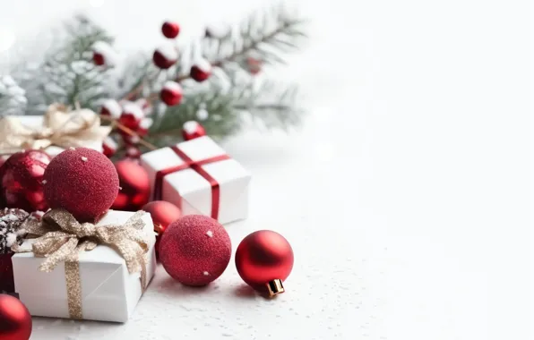 Balls, branches, Christmas, gifts, red, white background, New year, white