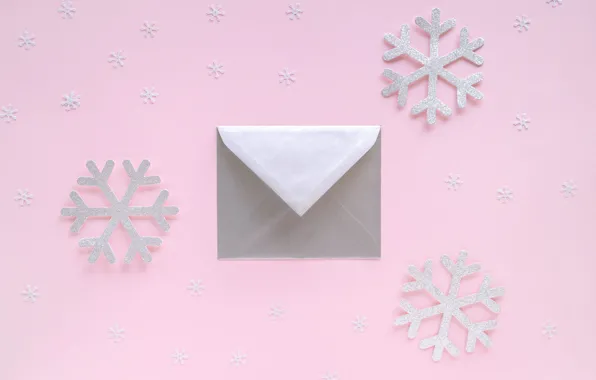 Winter, snowflakes, holiday, Christmas, New year, pink background, the envelope, Christmas decorations