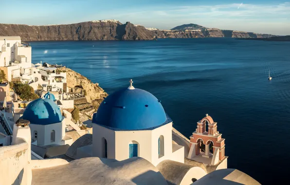 Sea, mountains, coast, Church, Santorini, Oia, Greece, Aegean