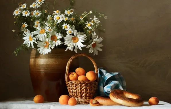 Flowers, chamomile, towel, bouquet, white, still life, pot, bagels