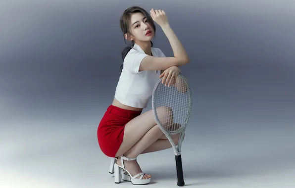 Asian, legs, model, women, brunette, tennis, sandals, shirt