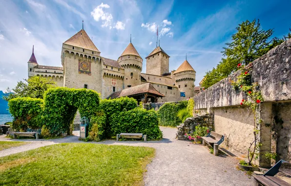 Picture greens, lake, stones, castle, lawn, wall, island, Switzerland