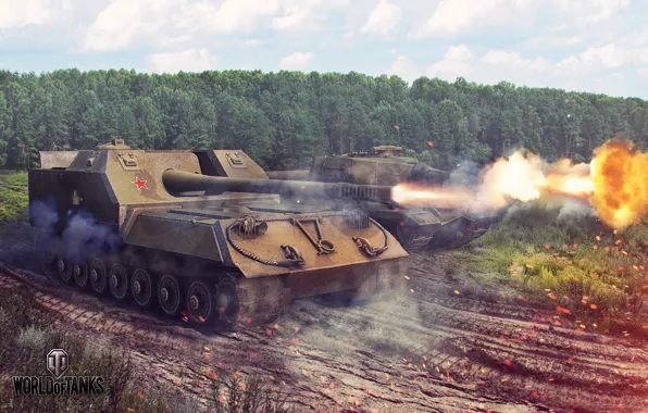 Forest, weapons, fire, flame, shot, Tanks, World of tanks, wot