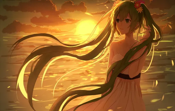 Picture sea, the sun, clouds, sunset, the wind, vocaloid, hatsune miku, white dress