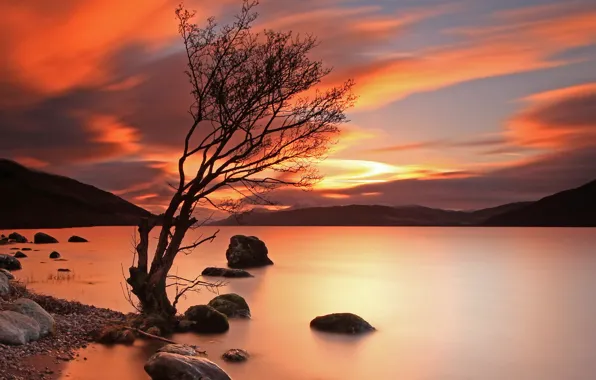 Landscape, sunset, mountains, lake