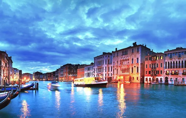 Sunset, city, the city, lights, the evening, Italy, Venice, channel