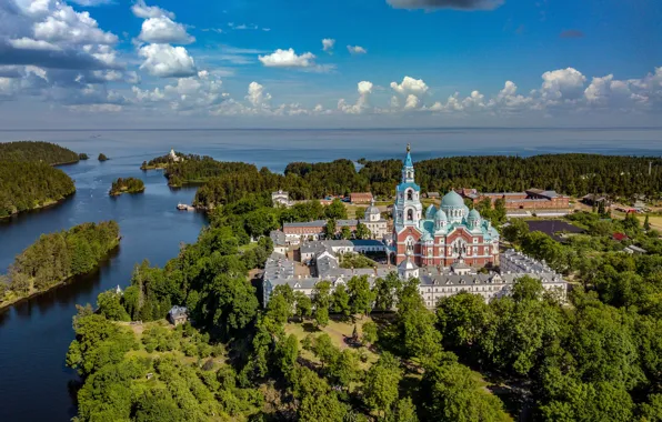 Picture forest, lake, temple, Russia, the monastery, Lake Ladoga, Karelia, Spaso-Preobrazhensky Cathedral