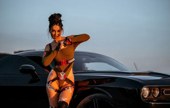 Dodge challenger, bodysuit, sky, gloves, Cyberpunk 2077, video games, leather jacket, Cyberpunk