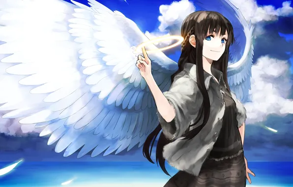 Sea, girl, clouds, wings, angel, art, halo, chirigami-san